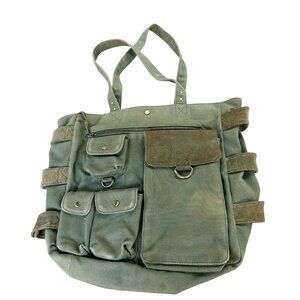 Levenger Army Green Canvas Suede Leather Tote Shoulder Laptop Bag